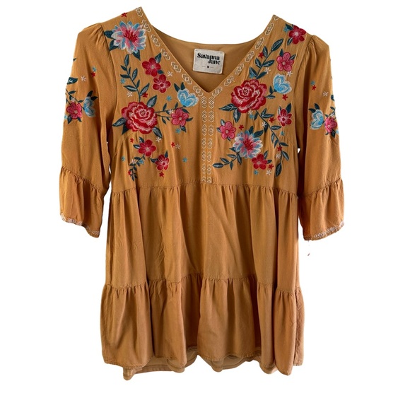 Savanna Jane Dresses & Skirts - Savanna Jane Marigold Yellow Mustard Boho Floral Embroidered Babydoll Dress